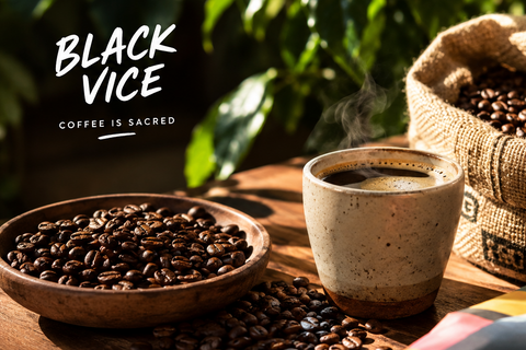 roasted coffee beans in a wooden bowl, next tot a steamy black coffee, in from of coffee plants.