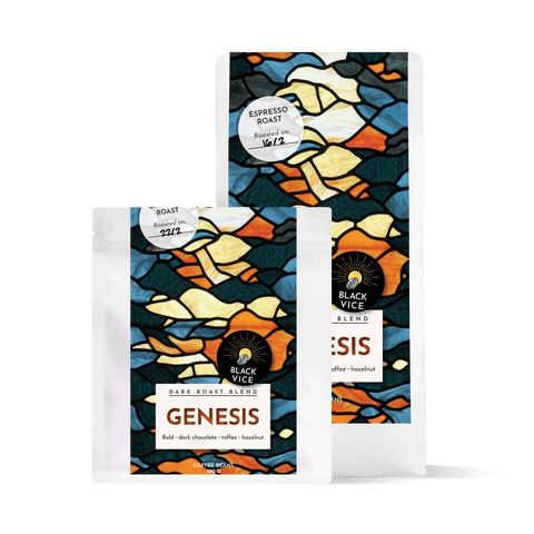 Dark roast coffee blend from Genesis, featuring rich, bold beans in a subscription package, displayed with coffee beans and brewing equipment.