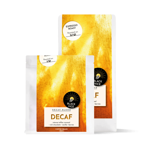 Decaf coffee blend from My Store, showing two images of the DECAF blend packaging and coffee beans.