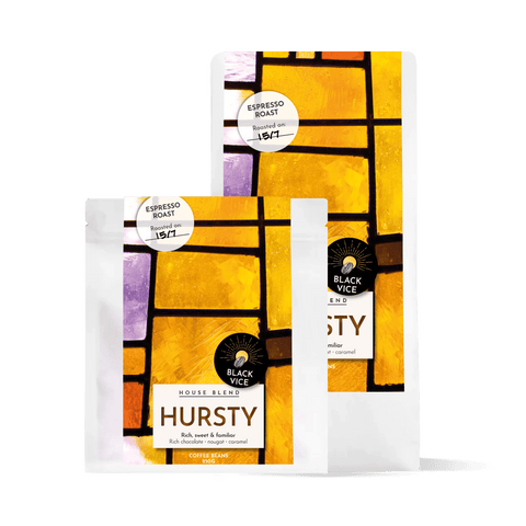 Two images of HURSTY Blend Coffee Subscription boxes from My Store, featuring coffee bags and branding details.