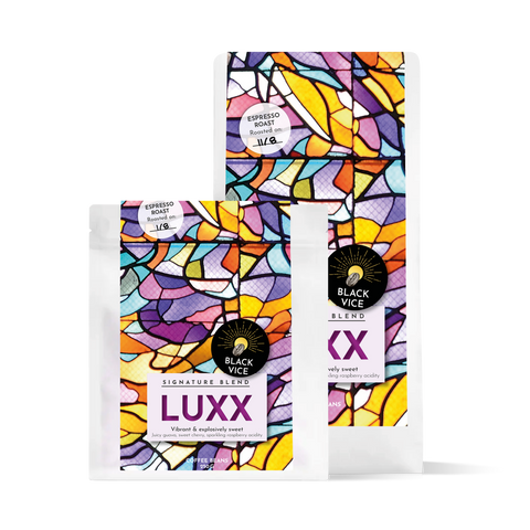 Two images of LUXX Signature Blend coffee subscription from My Store, showcasing packaging and brewing options.