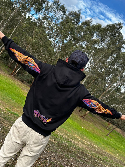 Back view of Golden Phoenix hoodie by My Store featuring a golden phoenix design on soft fabric.