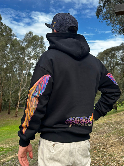 Back view of Golden Phoenix Hoodie by My Store, featuring a vibrant phoenix graphic on the back and comfortable hoodie design.