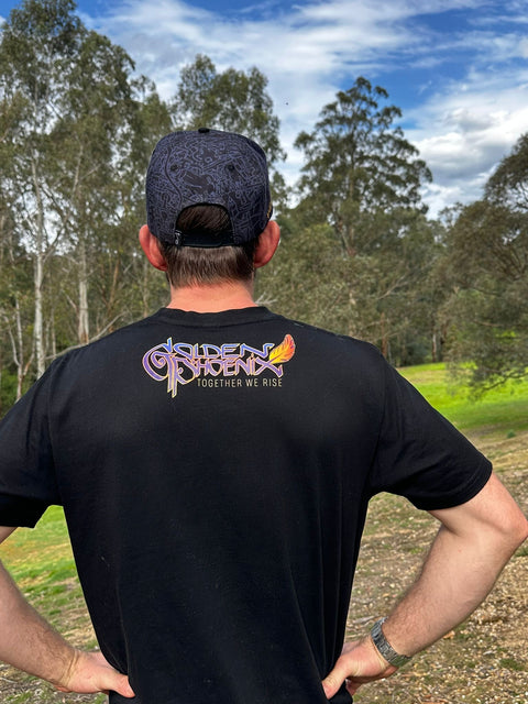 Back view of Golden Phoenix T-shirt by My Store featuring a vibrant golden phoenix design on soft fabric.