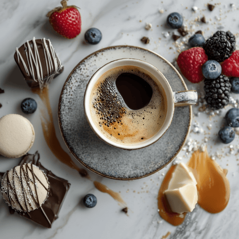 Cup of coffee with pastries and berries on a marble surface